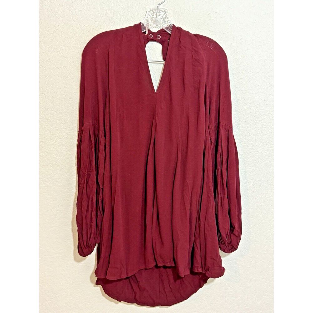 Free People Tunic Dress Women's Bell Long Sleeve V Neck Burgundy Size Medium